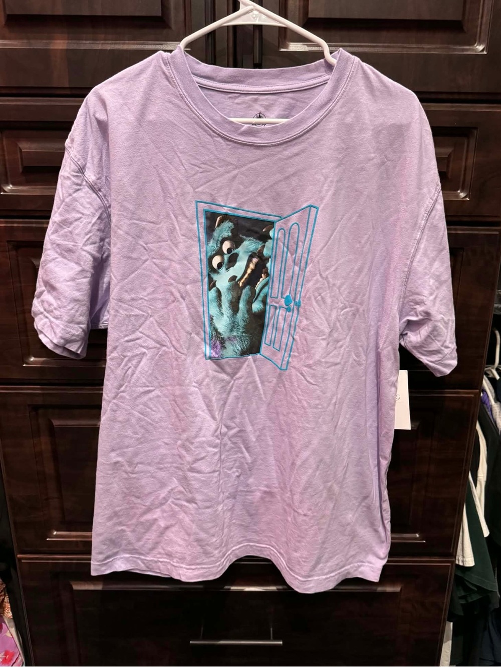 Disney Lavender MONSTER INC Men's T-Shirt with Monster Door Graphic LARGE